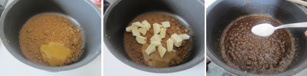 In una pentola unite lo zucchero di canna, il miele e il burro. Cuocete a fuoco medio fino al completo scioglimento. Quando il composto inizierà a caramellizzarsi e si formeranno le bolle, versate un cucchiaino di bicarbonato.
 
