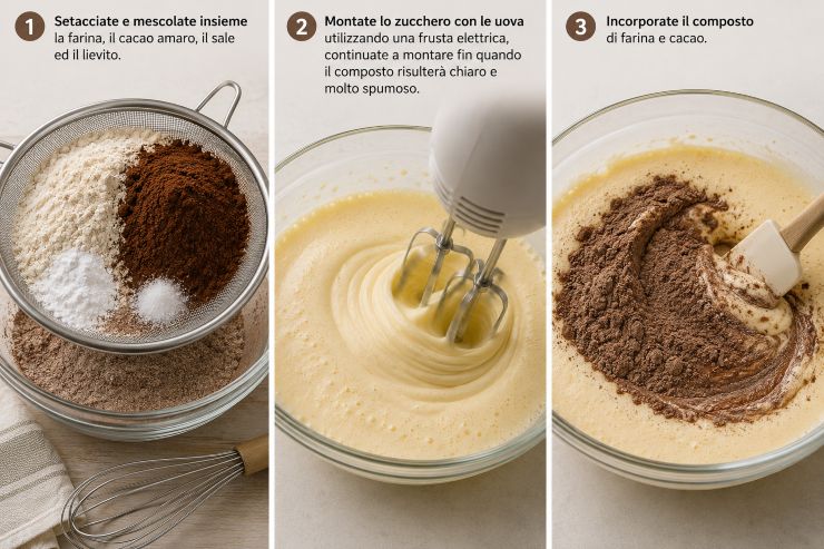 Preriscaldate il forno a 200 °C, imburrate e stendete un foglio di carta forno sulla base di una teglia rettangolare, larga circa 20 cm per 30 cm. Setacciate e mescolate insieme la farina, il cacao amaro, il sale ed il lievito. Montate lo zucchero con le uova utilizzando una frusta elettrica, continuate a montare fin quando il composto risulterà chiaro e molto spumoso. Incorporate il composto di farina e cacao.