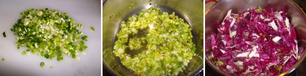 Tritate molto finemente i cipollotti e fateli imbiondire ed ammorbidire nell’olio d’oliva, quindi unitevi il radicchio tagliato a striscioline e fatelo appassire lentamente.