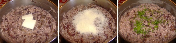 Quando il riso sarà ben cotto, toglietelo dal fuoco ed unite il burro, in seguito il parmigiano grattugiato e del buon prezzemolo fresco tritato, quindi servite.