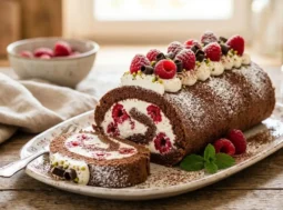 Rotolo al cioccolato farcito con panna e lamponi freschi su un piatto da portata, stile fotografia culinaria professionale.