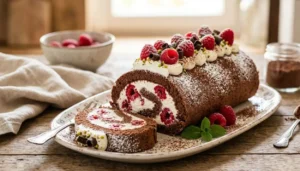 Rotolo al cioccolato farcito con panna e lamponi freschi su un piatto da portata, stile fotografia culinaria professionale.