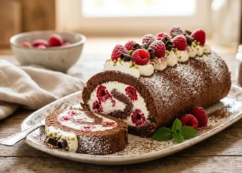 Rotolo al cioccolato farcito con panna e lamponi freschi su un piatto da portata, stile fotografia culinaria professionale.