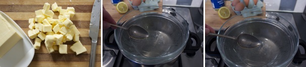 Tagliate il burro a cubetti piccoli, mettete a scaldare dell’acqua in una pentola per il bagnomaria, posizionate al di sopra una ciotola che resista al calore ed aggiungete l’aceto ed il limone.