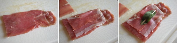 Stendete su di un tagliere una fettina di vitello e sistemateci sopra una fetta di prosciutto crudo ed una foglia di salvia. Fissate alla carne il prosciutto e la salvia utilizzando uno stecchino. Preparate in questo modo anche il resto dei saltimbocca.