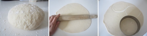 Formate una palla e cospargetela con poca farina, ricavatene una sfoglia con il matterello e tagliate quattro cerchi nell’impasto, leggermente più grandi rispetto alla forma del formaggio. Cospargete con il basilico secco tritato.
