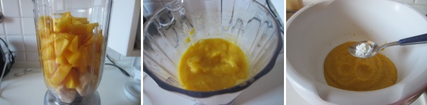 Frullate il mango con la banana per ottenere una consistenza liscia e spumosa. Aggiungete la vanillina.