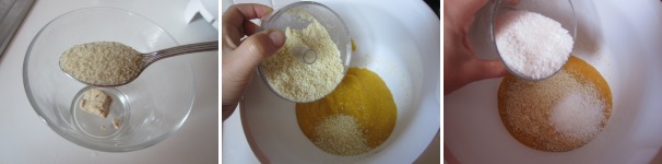 Sciogliete il lievito in acqua con lo zucchero. Aggiungete la farina di mandorle e il rapè di cocco.
