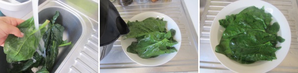 Lavate le foglie di spinaci sotto l’acqua corrente, tagliate i gambi e sbollentatele per 5 minuti circa.
