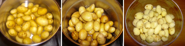 Per prima cosa procedete con la bollitura delle patate, dunque lessatele in acqua salata per una decina di minuti, scolatele e privatele della buccia.