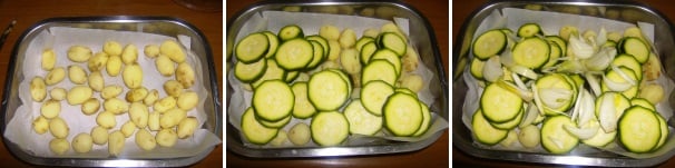 Foderate una teglia con della carta forno ed adagiatevi sopra le patate, le zucchine a rondelle e la cipolla.