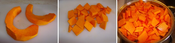 Pulite la zucca privandola dei semi e della buccia, riducetela in pezzi e trasferite il tutto in una casseruola profonda, versatevi ½ bicchiere di acqua fredda, coprite ed accendete il fuoco sotto la casseruola.