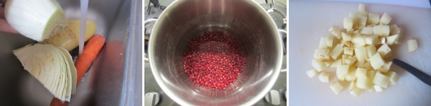 Mettete in ammollo gli azuki per 8-12 ore. Dopo questo tempo, copriteli con acqua naturale e mettete sul fuoco. Lavate la verdura: le patate, il cavolo cappuccio, le carote e il finocchio. Tagliate le patate a cubetti piccoli e aggiungetele agli azuki. Mettete in ammollo gli azuki per 8-12 ore. Dopo questo tempo, copriteli con acqua naturale e mettete sul fuoco. Lavate la verdura: le patate, il cavolo cappuccio, le carote e il finocchio. Tagliate le patate a cubetti piccoli e aggiungetele agli azuki.