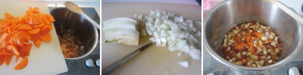 Tagliate le carote finemente e unitele alle patate e ai fagioli. Tagliate il finocchio a dadini e mescolate insieme con il resto. Portate a ebollizione. Tagliate le carote finemente e unitele alle patate e ai fagioli. Tagliate il finocchio a dadini e mescolate insieme con il resto. Portate a ebollizione.