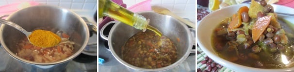 Alla fine aggiungete la curcuma e l’olio extravergine di oliva, mescolate, spegnete il fuoco e fate riposare la zuppa per 10 minuti. Servite calda.