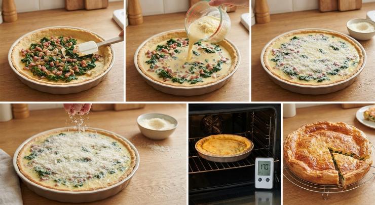 Mettete il ripieno di pancetta, scalogno e spinaci nella base di pasta brisè cotta e versate sopra il composto di uova, formaggio e latte. Potreste aggiungere un po’ di parmigiano per far venire una dorata crosticina. Cuocete cosi la torta salata per circa 30 minuti a 170°C.