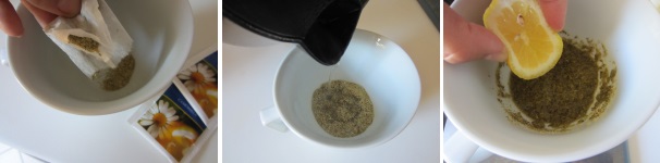 Preparate l’infuso di camomilla. Svuotate 3 bustine con la camomilla setacciata in una tazza e versate sopra l’acqua bollente. Lasciate in infusione per 10 minuti. Aggungete un cucchiaino di succo di limone.