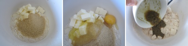 Aggiungete lo zucchero, l’uovo e alla fine l’infuso di camomilla. Mescolate per unire bene tutti gli ingredienti.
