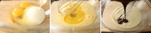In una ciotola ampia mescolate le uova con lo zucchero, aggiungete l’olio ed infine aggiungete il cioccolato sciolto.