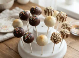 Cake pops fatti in casa ricoperti di cioccolato e decorati con confettini colorati disposti su un supporto bianco