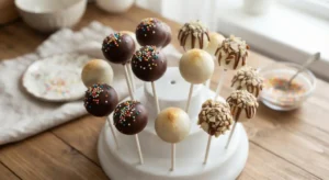 Cake pops fatti in casa ricoperti di cioccolato e decorati con confettini colorati disposti su un supporto bianco
