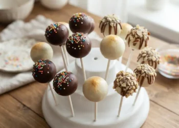 Cake pops fatti in casa ricoperti di cioccolato e decorati con confettini colorati disposti su un supporto bianco