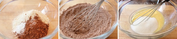 Accendete il forno a 180°C in modalità ventilata. Preparate l’impasto mescolando in una ciotola la farina, il cacao in polvere, il sale ed il lievito. In un’altra ciotola mescolate energicamente con una frusta l’olio, l’uovo, lo zucchero e l’acqua.