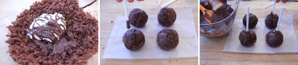 Se avete usato uno stampo per muffin o utilizzate avanzi di torta, sbriciolate il tutto e aggiungete tre cucchiai di ricotta dolce e due cucchiai di cioccolato fuso, mescolate bene e formate delle palline ben compatte. Immergete lo stecco nel cioccolato fuso ed infilatelo nelle palline in modo che sia ben saldo. Lasciate riposare le palline nel congelatore per almeno 10 minuti.