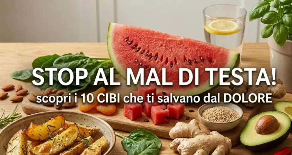 Selezione di cibi contro il mal di testa disposti su un tavolo in legno: anguria, avocado, patate al forno, zenzero e mandorle.