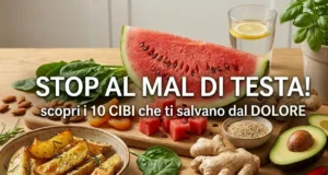 Selezione di cibi contro il mal di testa disposti su un tavolo in legno: anguria, avocado, patate al forno, zenzero e mandorle.