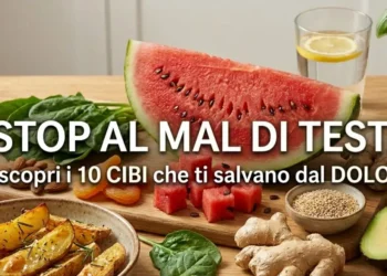 Cibi e rimedi naturali contro il mal di testa Selezione di cibi contro il mal di testa disposti su un tavolo in legno: anguria, avocado, patate al forno, zenzero e mandorle.