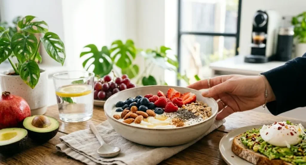 Colazione per la pelle perfetta: bowl di yogurt con mirtilli, mandorle, avocado toast e melograno, ricca di antiossidanti per l'effetto glow.