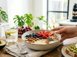 Colazione per la pelle perfetta: bowl di yogurt con mirtilli, mandorle, avocado toast e melograno, ricca di antiossidanti per l'effetto glow.