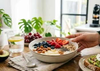 Colazione per la pelle perfetta: bowl di yogurt con mirtilli, mandorle, avocado toast e melograno, ricca di antiossidanti per l'effetto glow.