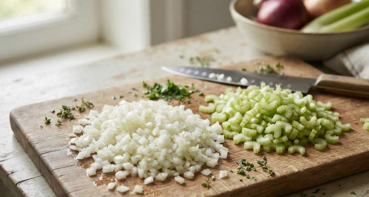 Tagliate finemente la cipolla, il sedano e le erbe aromatiche.