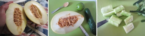 Lavate e tagliate a metà il melone. Lavate il cetriolo e il lime. Preparate un cucchiaino di zenzero in polvere. Sbucciate e tagliate a cubetti il cetriolo.