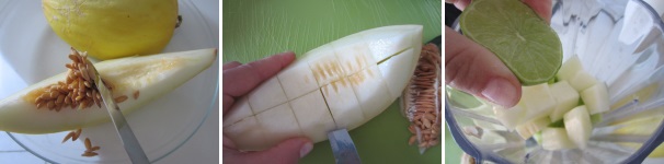 Tagliate una fetta di melone ed eliminate i semi. Tagliate il melone a cubetti. Mettete il cetriolo e il melone nel frullatore, aggiungete il succo di mezzo lime.