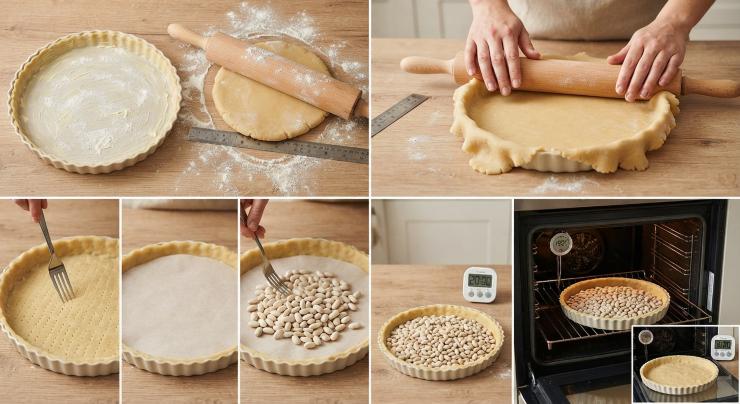 Imburrate ed infarinate una teglia per crostate. Aiutandovi con un po’ di farina, stendete l’impasto di un’altezza di circa 0,3 cm, arrotolatelo sul mattarello e srotolatelo sulla teglia, in modo da far aderire bene l’impasto su tutta la base e i bordi della teglia. Praticate dei fori con una forchetta su tutta la base. Coprite ora la base con un disco di carta forno e all’interno mettete dei fagioli o del riso. Lasciate riposare altri 20 minuti e poi cuocete a 190°C per 20 minuti, proseguite poi la cottura per altri 10 minuti a 160°C.
