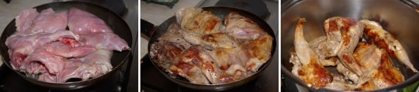 In una padella ben calda sigillate i pezzi di coniglio da tutte le parti, quindi salate e pepate e trasferite la carne in un tegame dai bordi alti.
