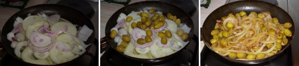 Nell’olio dove sono state rosolate le patate, cuocete la cipolla tagliata a rondelle spesse, salatela ma poco, unite le olive e cucinate con il coperchio a fuoco basso per 5 minuti.