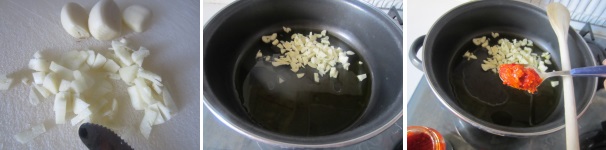 Sbucciate l’aglio, tagliatelo finemente e fatelo soffriggere nell’olio. Aggiungete il pate’ di peperoncini piccanti.
 