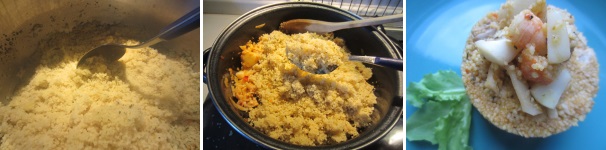 Sgranate il cous cous con un cucchiaio e aggiungetelo al sugo. Regolate, se necessario, con l’olio, il sale e un po’ di acqua. Mescolate e servite il piatto ben caldo.