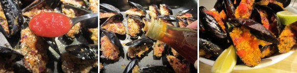 Condite le cozze con un po’ di polpa di pomodoro e con l’olio piccante. Disponetele in una teglia profonda con poca acqua e infornate in forno preriscaldato a 180°C per 15 minuti. Servite calde con del limone fresco.