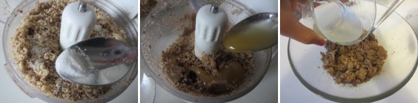 Aggiungete il bicarbonato e tritate altri tre minuti circa, dopodiché aggiungete il miele. Macinate altri tre minuti, trasferite poi la pasta di nocciole in una ciotola e versate sopra l’acqua di cocco. Mescolate bene il tutto.
 