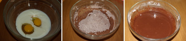 Preparate il ripieno al cioccolato, sbattendo in una ciotola il latte con le 2 uova rimanenti e gli 80 gr di burro precedentemente fuso, quindi unite gli ingredienti secchi, ossia la rimanente farina, il cacao, lo zucchero e il lievito e lavorate fino ad avere un composto liscio, quindi unite il rum.