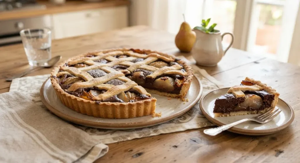 Crostata di pere e cioccolato pronta da gustare Fetta di crostata di pere e cioccolato tagliata accanto alla torta intera su un tavolo in legno