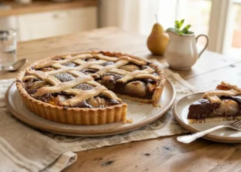 Fetta di crostata di pere e cioccolato tagliata accanto alla torta intera su un tavolo in legno