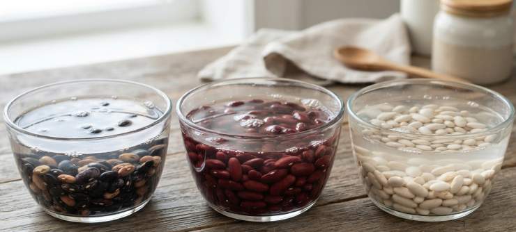 Sciacquate i fagioli e metteteli in ammollo in acqua fredda, preferibilmente in ciotole separate, e lasciateli così per almeno 8 ore. Trascorso il tempo sciacquateli nuovamente e cucinateli in abbondante acqua con un paio di foglie di alloro.