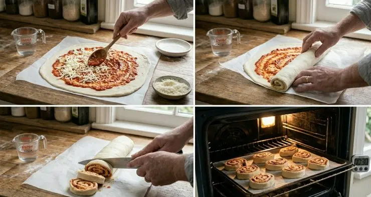 Condite l’impasto steso con il sugo al pomodoro, la mozzarella ed il parmigiano. Arrotolatelo su se stesso, aiutandovi con la carta forno e tagliatene delle fette spesse circa 2 cm. Disponetele su una placca da forno e lasciatele riposare per altri 30 minuti nel forno spento con la luce accesa.