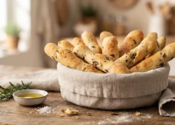 Cestino di lino con grissini morbidi ai porcini appena sfornati su tavolo di legno con olio e rosmarino.